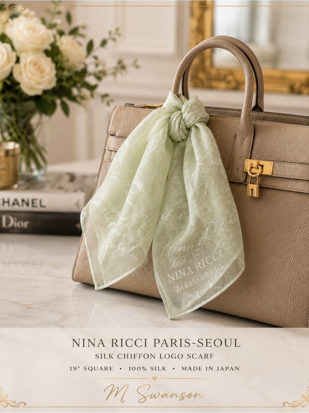 Vintage Nina Ricci Paris-Seoul Silk Chiffon Logo Scarf Celadon Green 19” Square